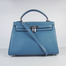 Kožená kabelka Hermes Kelly 32cm Togo modrá/stříbrná