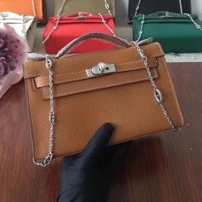 Hermes Mini Kelly 22cm Epsom Leather Camel Silver s řetízkovým popruhem