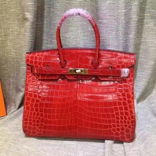 Hermes Birkin 35cm kabelka z krokodýlí kůže červená zlatá