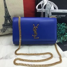 YSL hladká kožená kabelka s řetízkem 22 cm modrá