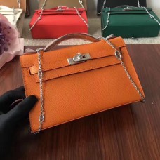 Hermes Mini Kelly 22cm Epsom kožená oranžová stříbrná s řetízkovým popruhem