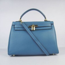 Kožená kabelka Hermes Kelly 32cm Togo modrá/zlatá