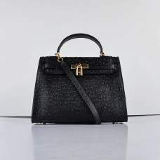 Hermes Kelly 32cm Pštrosí žíla 6108 Černá Zlatá