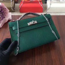 Hermes Mini Kelly 22cm Epsom kožená zelená stříbrná s řetízkovým popruhem