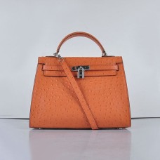 Hermes Kelly 32cm Pštrosí žíla 6108 Oranžová Stříbrná