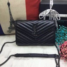 YSL Kabelka do obálky Caviar Leather Black Gunmetal Chain 23cm
