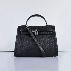 Hermes Kelly 32cm Pštrosí žíla 6108 Černá Stříbrná